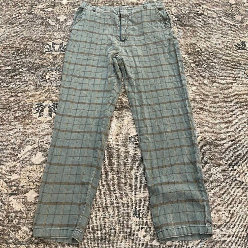 Sundance Womens Size 10 Linen Blend Plaid Pants Green Windowpane Trousers